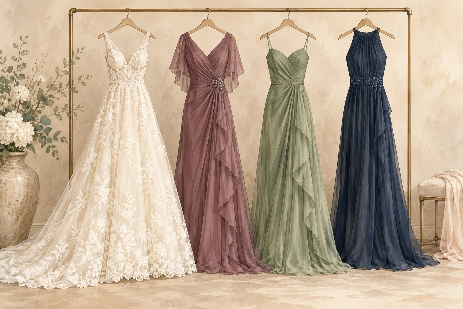 Ilustración creada con IA de vestidos de novia, madrina, fiesta y ceremonia